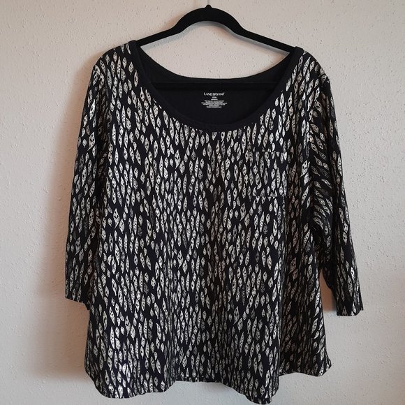 Lane Bryant Gold and Silver Foiled Feather Print 3/4 Sleeve Top Black Size 22/24 - Picture 1 of 9